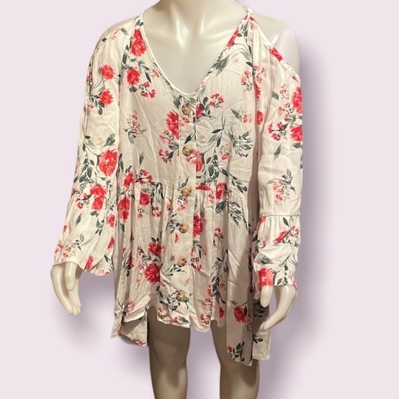 Rayon Crepe Bell Sleeve Cold Shoulder Top - Picture 1 of 13